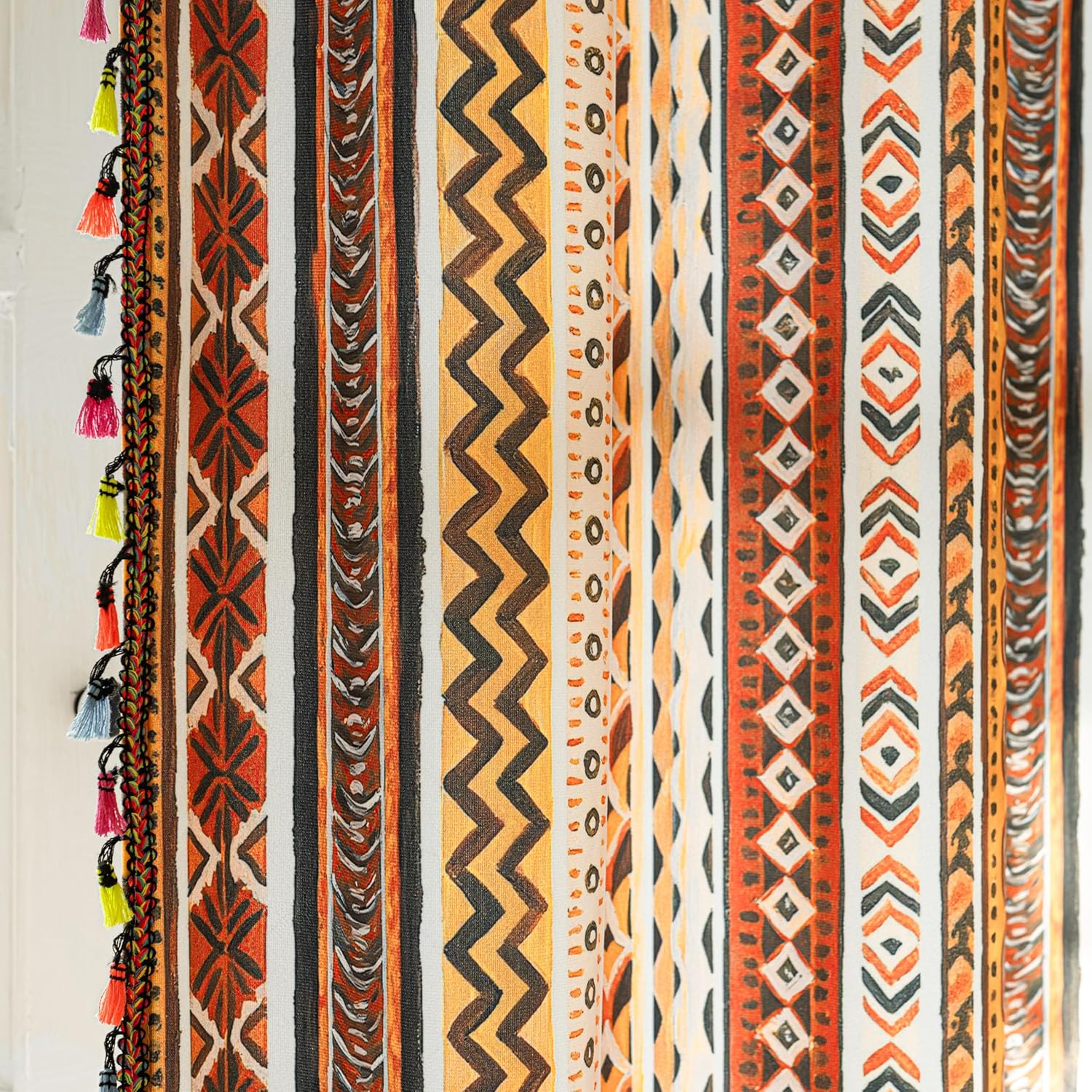 Boho Curtains for Living Room 54 Inch Length 2 Panels, Light Filtering Farmhouse Window Curtains with Tassels, Geometric Stripe Drapes for Bedroom