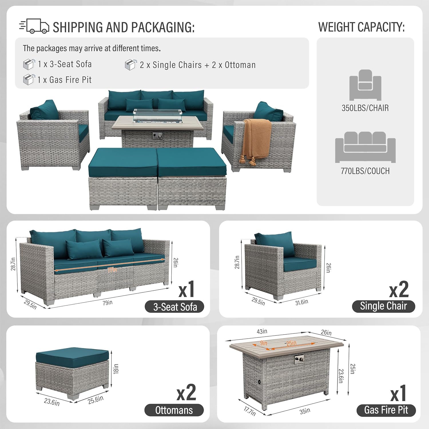 WAROOM Patio Furniture Set 6 Piece PE Rattan Outdoor Conversation Sets Grey Wicker Couch Sectional Sofa with Fire Pit Table and Peacock Blue Cushion