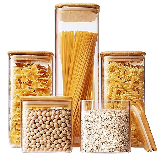 HomArtist Square Glass Jars with Bamboo Lids [Muti Size Set of 5], Glass Canisters with Airtight Lids, Glass Food Storage Containers for Pasta, Cereal, Flour, Sugar, Best for Kitchen & Pantry - Square Multi Size Set-5Pack