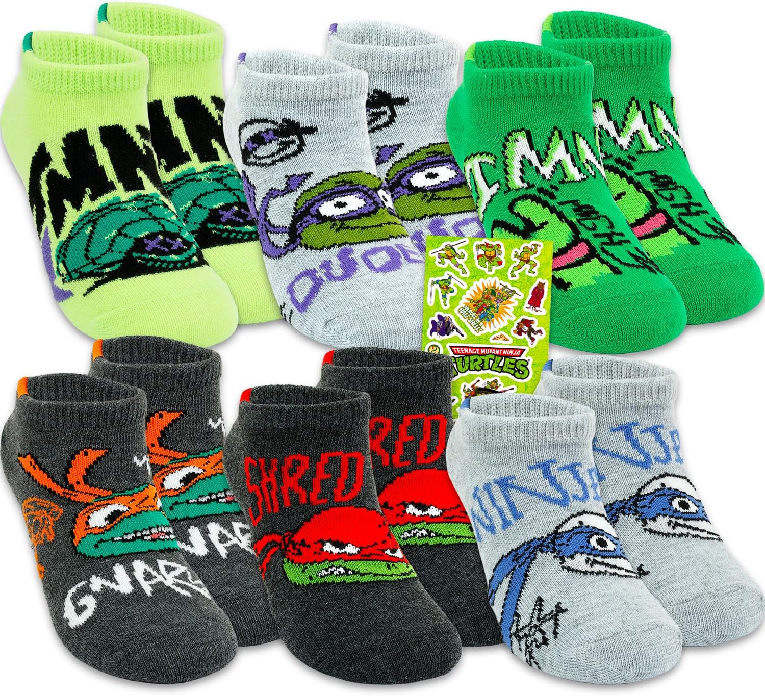 Teenage Mutant Ninja Turtles Socks for Boys Set - Bundle with 6 Pairs of No Show Socks Plus Stickers | TMNT Apparel Set (US, Numeric, 4, 6, Regular, Regular)