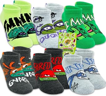 Teenage Mutant Ninja Turtles Socks for Boys Set - Bundle with 6 Pairs of No Show Socks Plus Stickers | TMNT Apparel Set US, Numeric, 4, 6, Regular, Regular