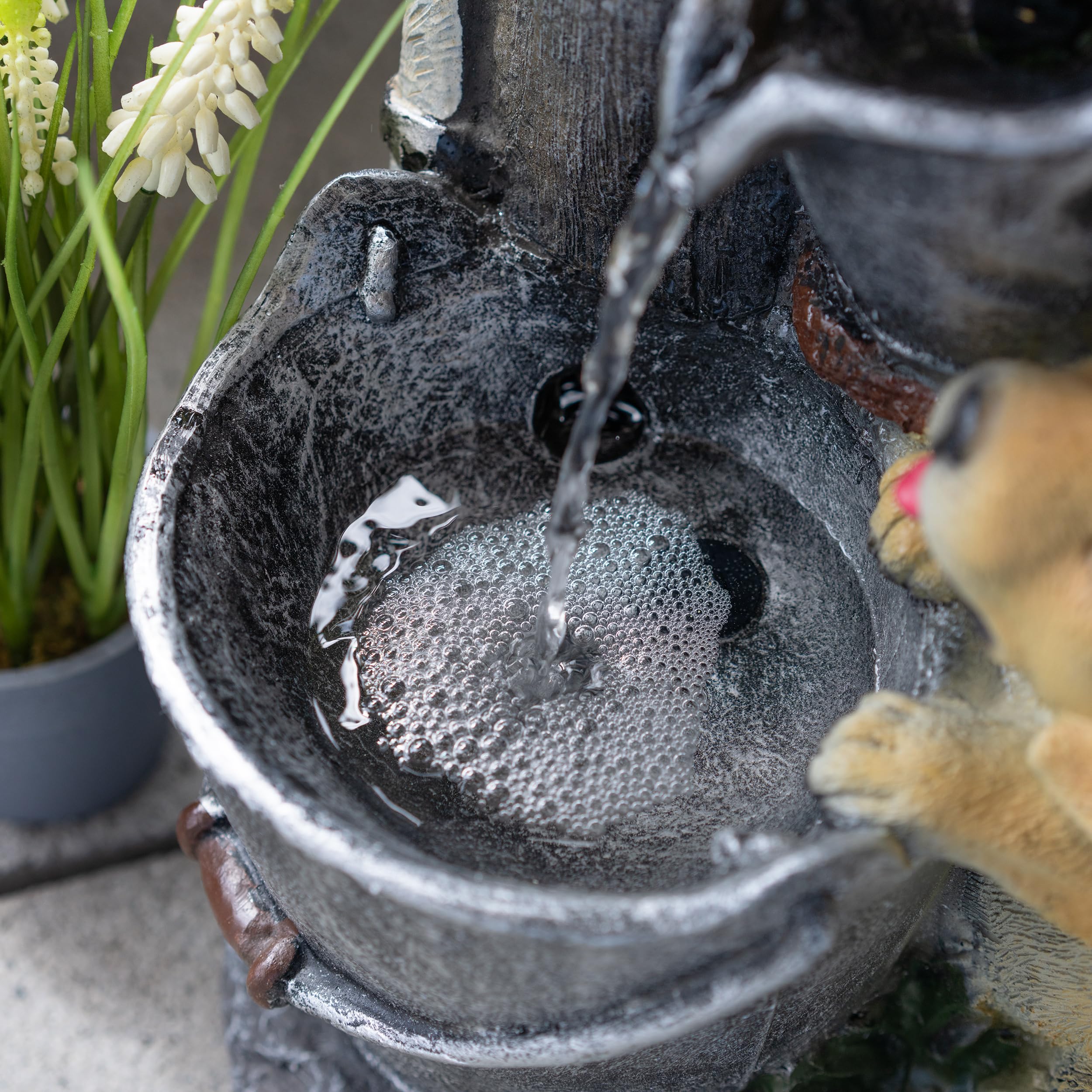 esotec Solarbrunnen für draussen Hundewelpen H=49cm, LED, USB, Pumpe, Akku, Solarmodul, Gartenbrunnen mit Wasserspiel, Springbrunnen solar für außen, Vogeltränke Balkon Garten 101382