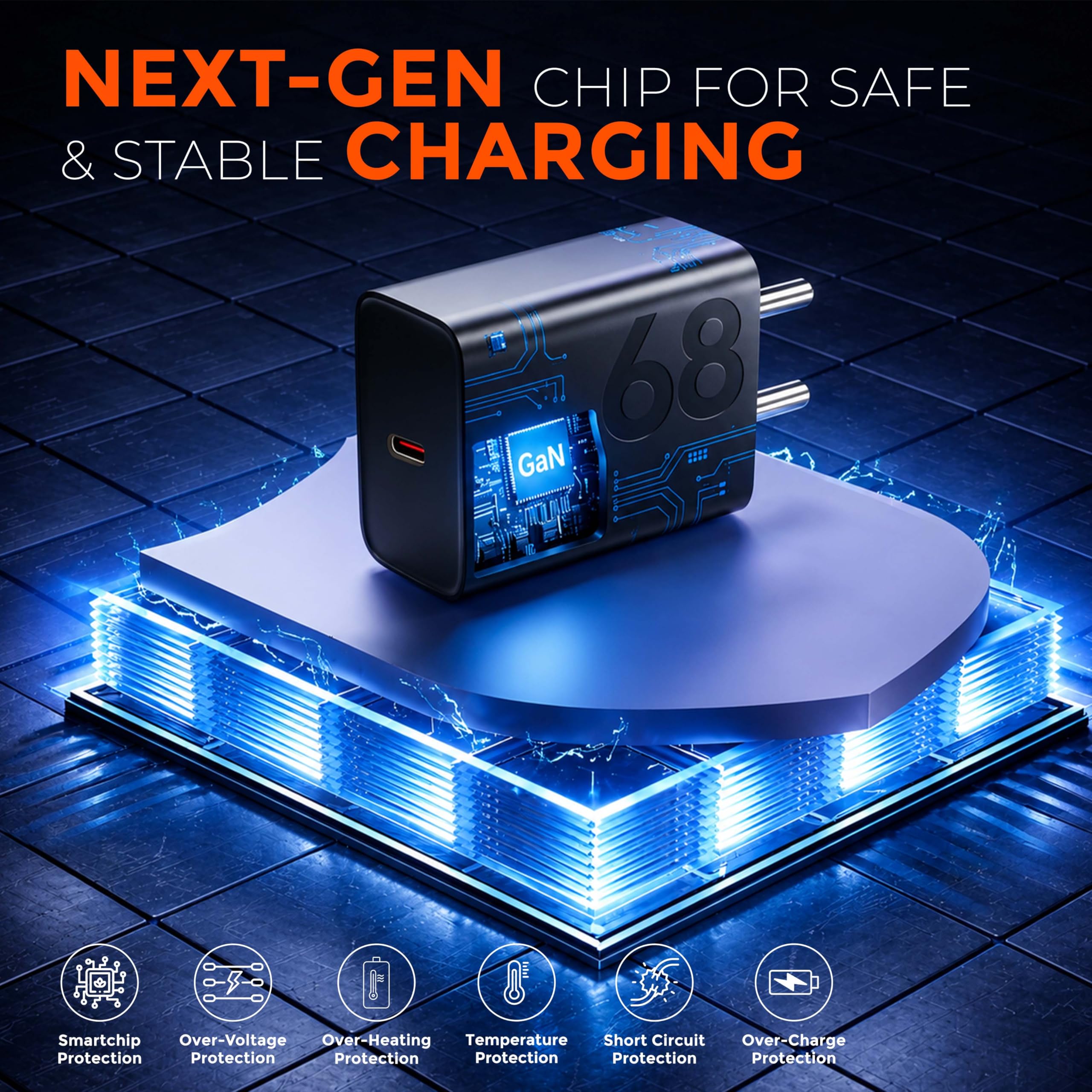 68W USB-C Turbo Power Charger, Fast Charging Adapter with 1m Type