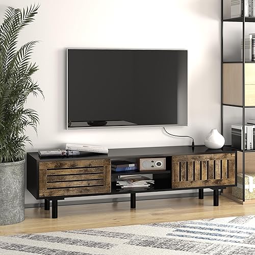 CharaVector Soporte de TV moderno de mediados de siglo, consola de TV negra brillante con puertas corredizas, consola de TV con gran almacenamiento,