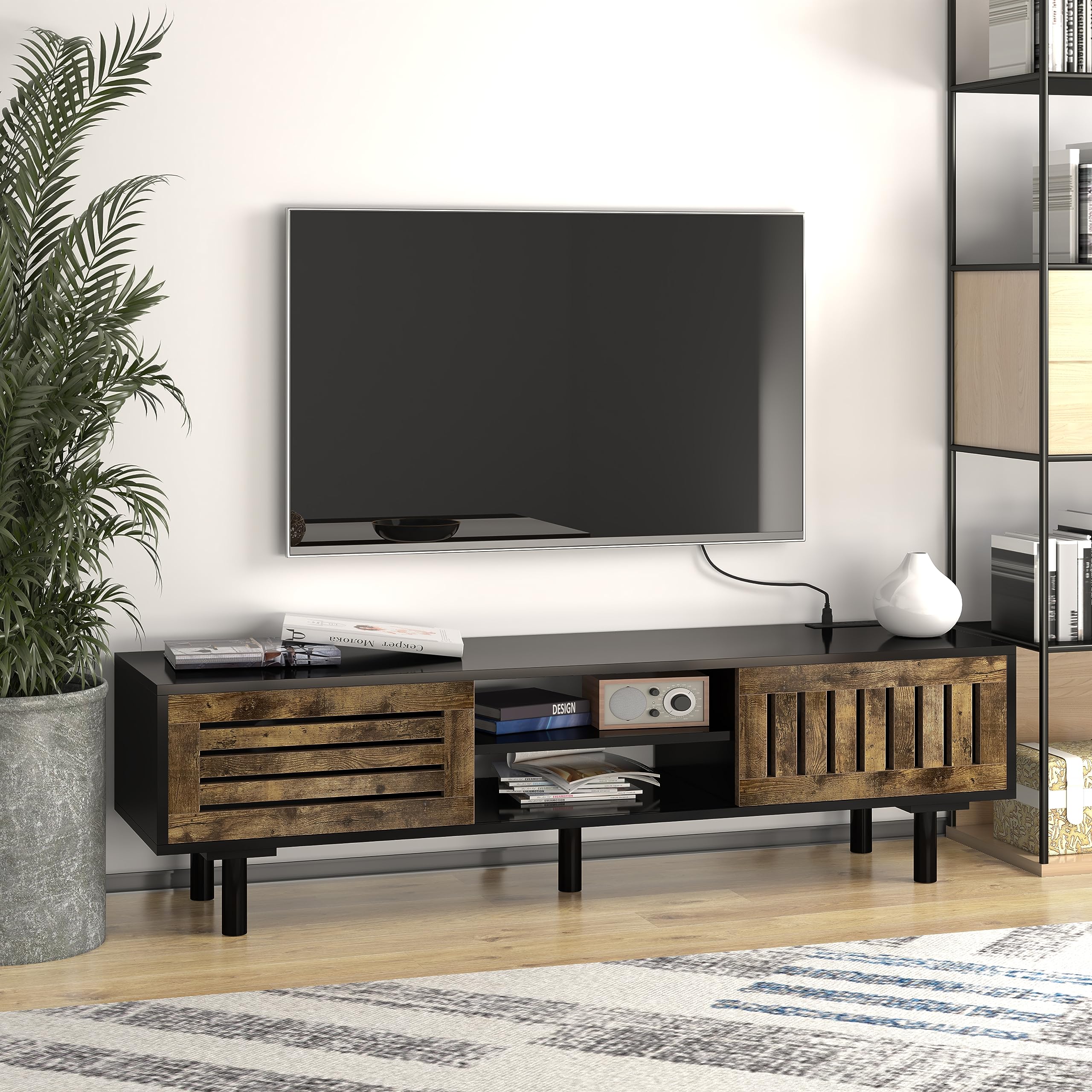 CharaVectorc 59'' TV Stand with Power Outlets, Glossy Black TV Stand for 55/60/65 inch TV, Modern TV Console with Sliding Doors&Large Storage, Entertainment Center with Sturdy Solid Wood Legs.