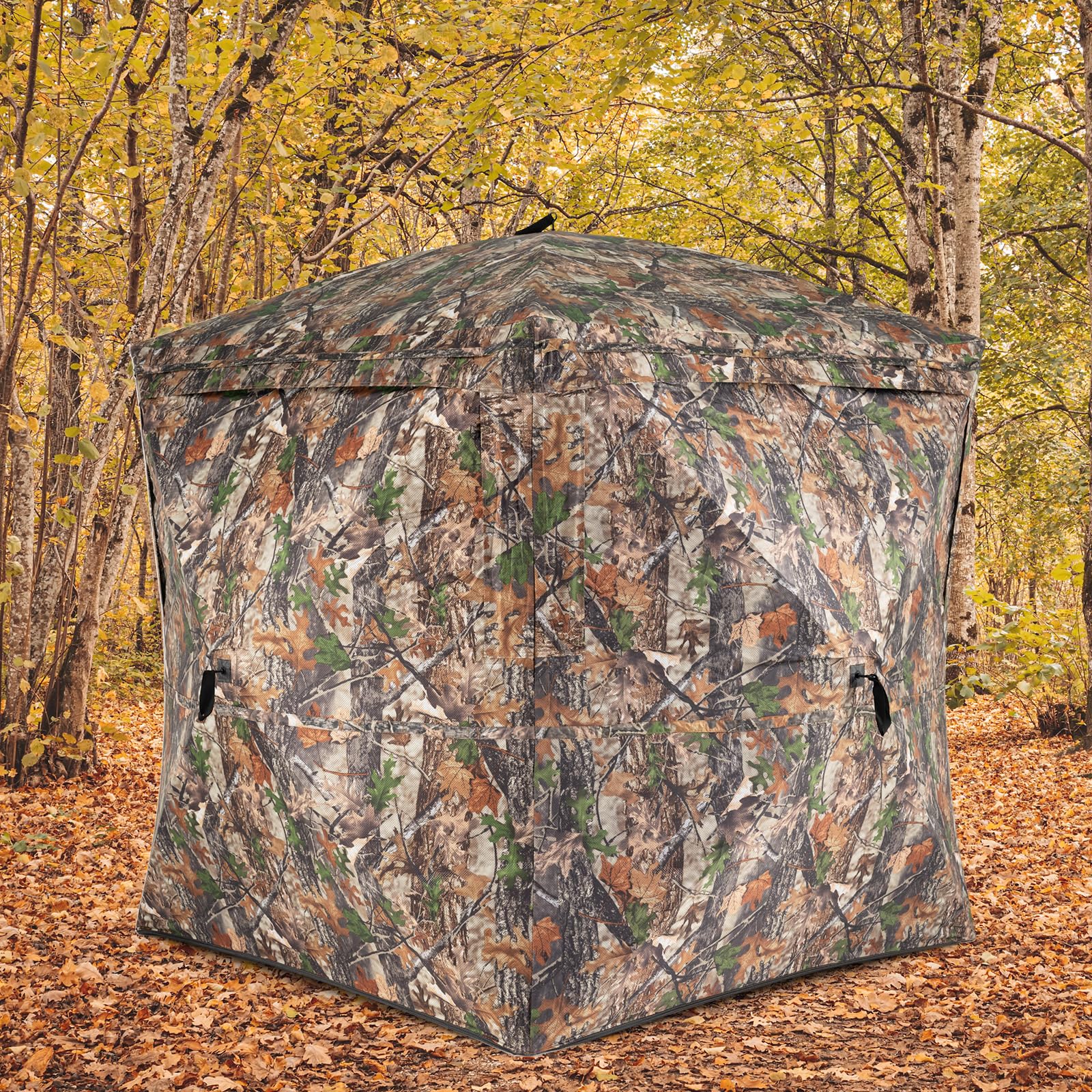 COSTWAY Persiana de Caza Portátil, Puesto de Caza para 2-3 Personas, 270°, Puerta Magnética Silenciosa, Bolsa de Transporte, Ciervos y Pavos, Camuflaje