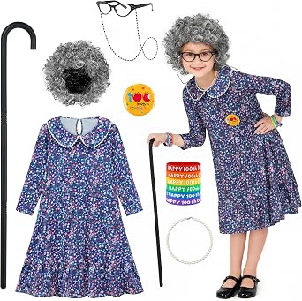 AOTHSO 13 Pieces Old Lady Costume for Kids 100 Days of School Costume with Grey Wig Glasses Cane Necklace for Granny Dress Up