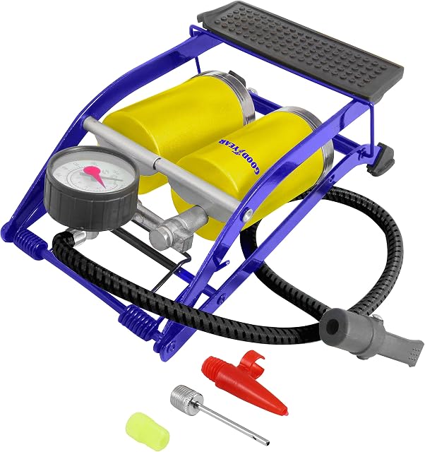 Goodyear by Vivo © Single/Double Barrel Cylinder Tyre Foot Pump Air Inflator Car Van Bicycle Bike Air Bed Football Inflatable (Double-Barrel)