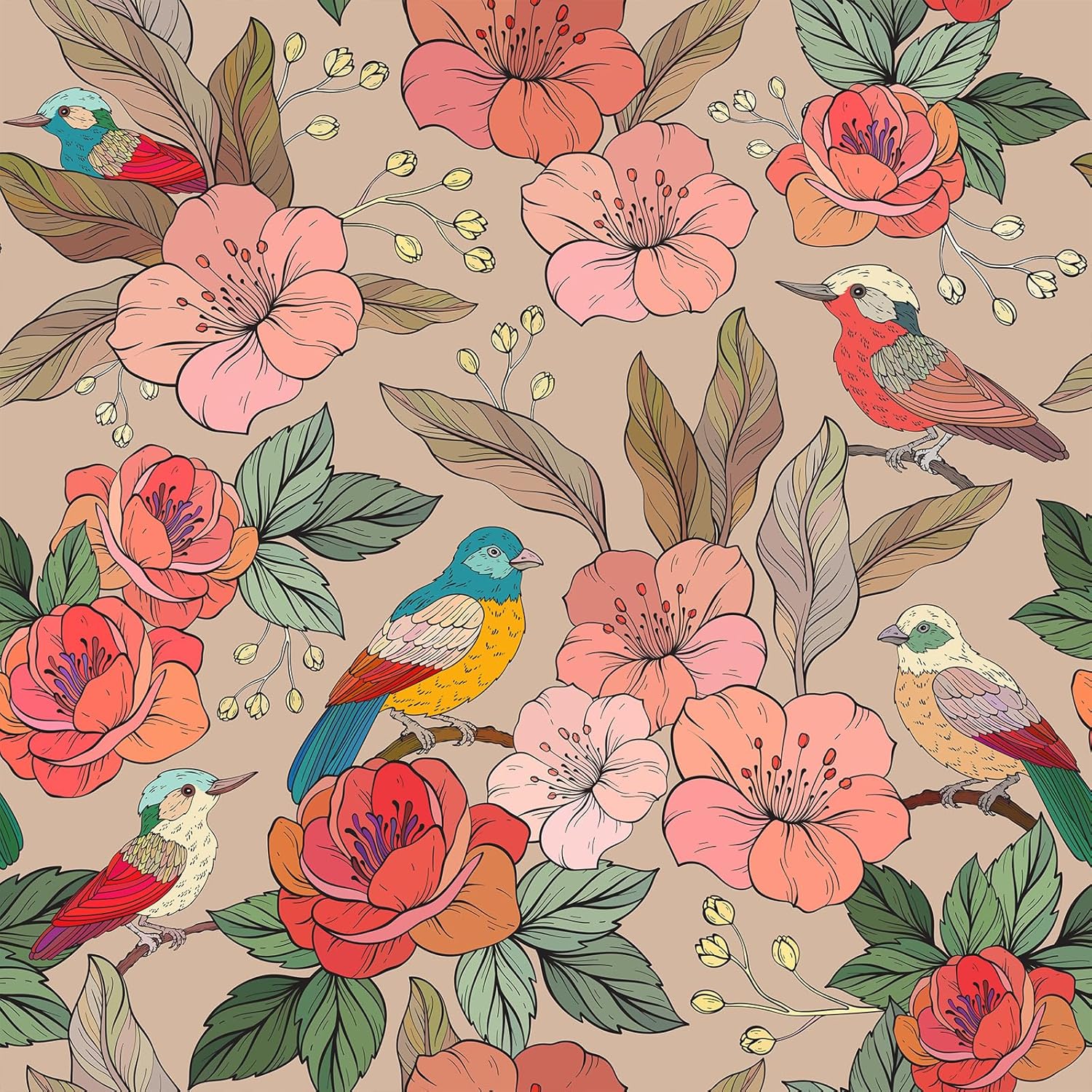 24"x118" Bird Floral Wallpaper Pink Flower Vintage Beige Peel and Stick Wallpaper Colorful Birds Decorative Floral Contact Paper for Cabinets Bedroom Living Room Removable Garden Wall Paper