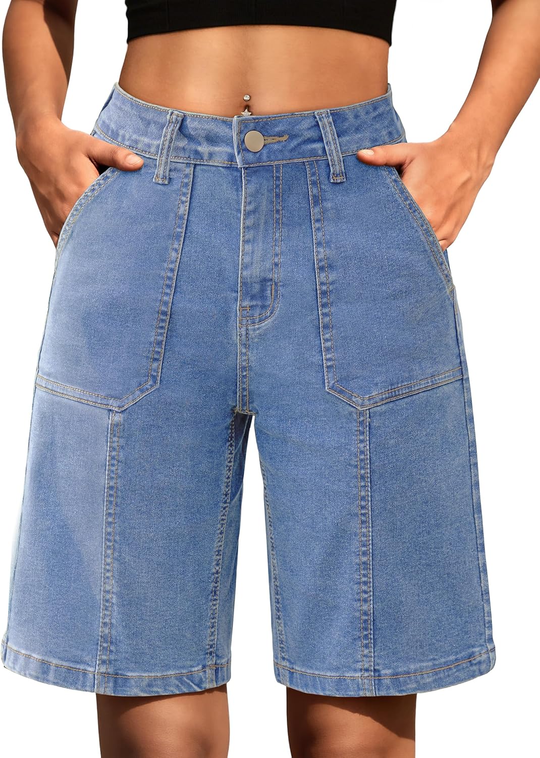 IWD Bermuda Denim Shorts for Women Knee Length 4 Pockets Long Jean Shorts Elastic High Waist Summer Jorts