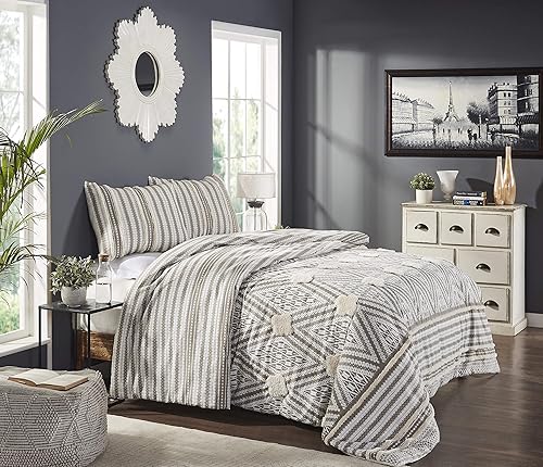 Beatrice Home Fashions Agra - Juego de cama de chenilla de algodón (3 piezas), color gris y blanco