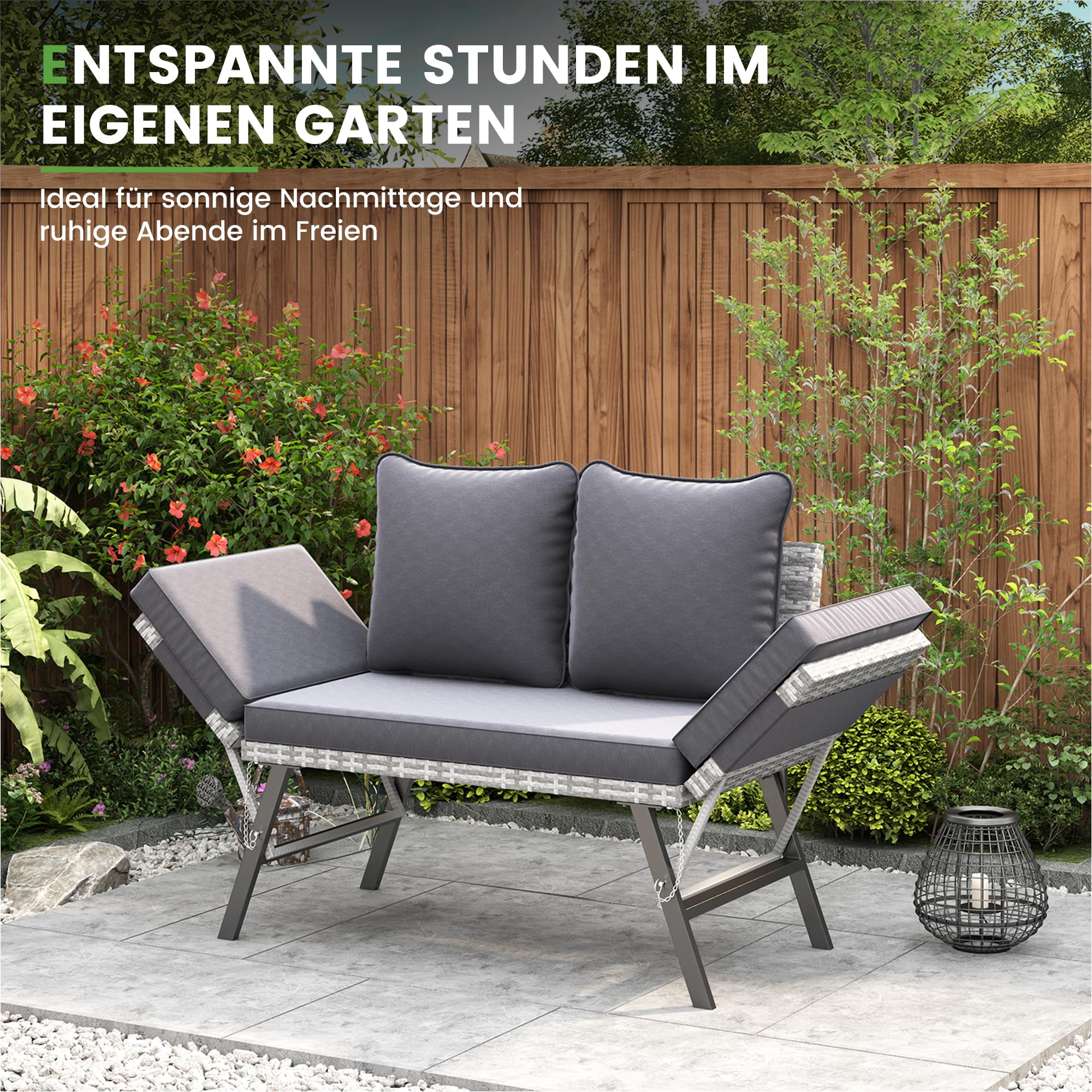 Amopatio Gartenbank Polyrattan mit Liegefunktion – 2-Sitzer Gartensofa mit verstellbaren Armlehnen, wetterfestes Outdoor Sofa für Garten, Balkon & Terrasse, Grau