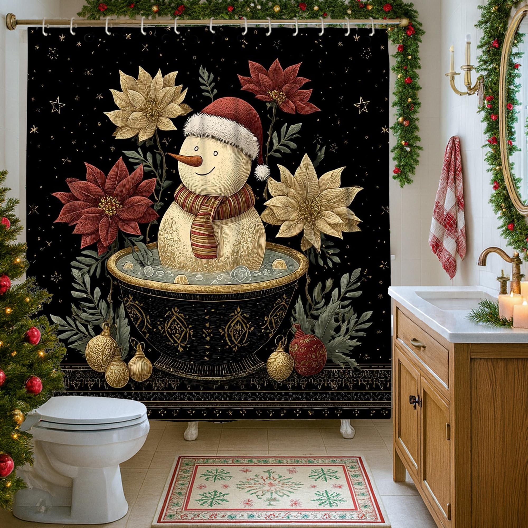Rideau de douche bonhomme de neige en tissu imperméable noir 183x183 cm avec crochets