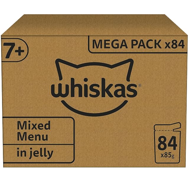 Whiskas Senior 7+ Comida húmeda para Gatos, selección Mixta en gelatina, 84 Bolsas de porciones