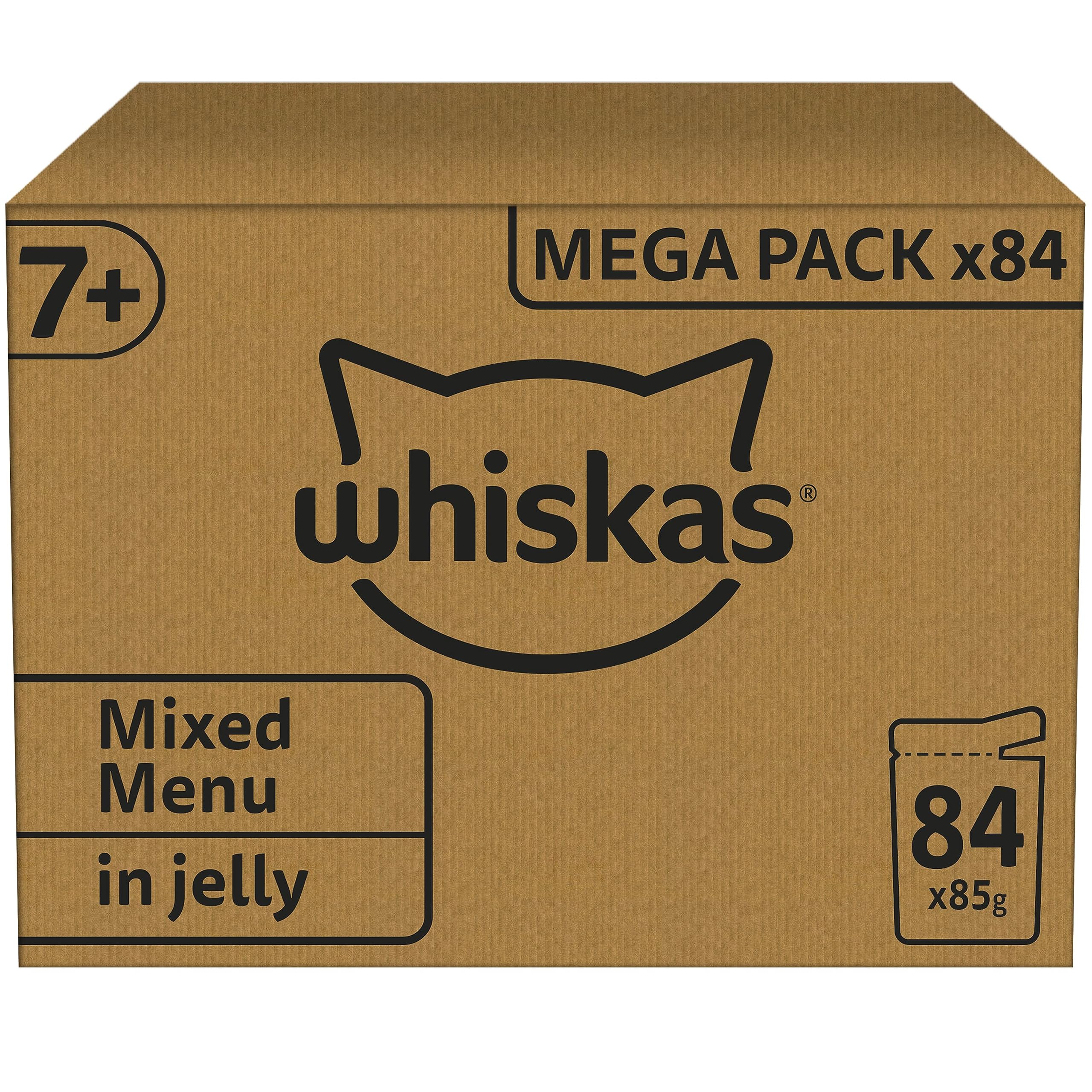 WHISKAS Cat Meal - 84 Freshness Sachets of 85g - Mixed Selection (4 Varieties) Adult Cat Food in Jelly - Complete & Balanced Wet Food