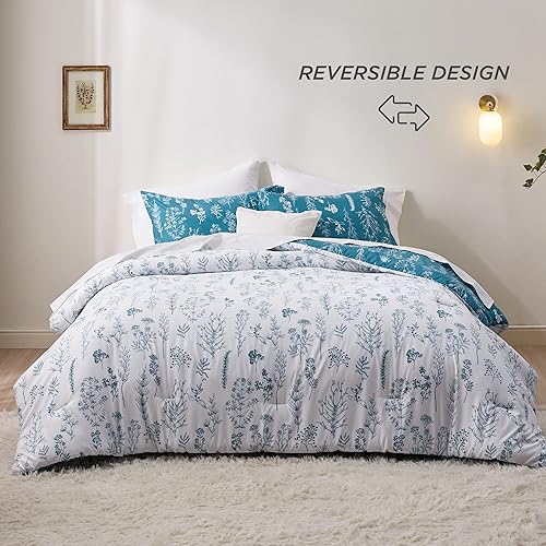Miniatura 2 de Bedsure Juego de edredón King  Edredón azul turquesa, bonitos juegos de edredón floral, 3 piezas, 1 edredón reversible suave con flores botánicas y