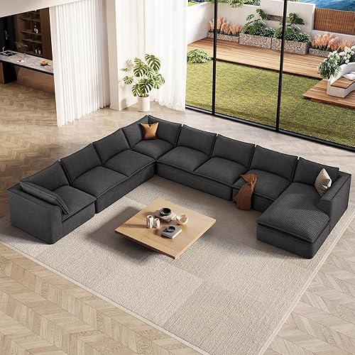 Vesgantti 204.7" Oversized Boneless Sectional Couch, Modern 9 Seater Modular Sofa with Chaise, Deep Seat Convertible Corduroy Cloud Couches for Living Room, No Assembly Required, Black