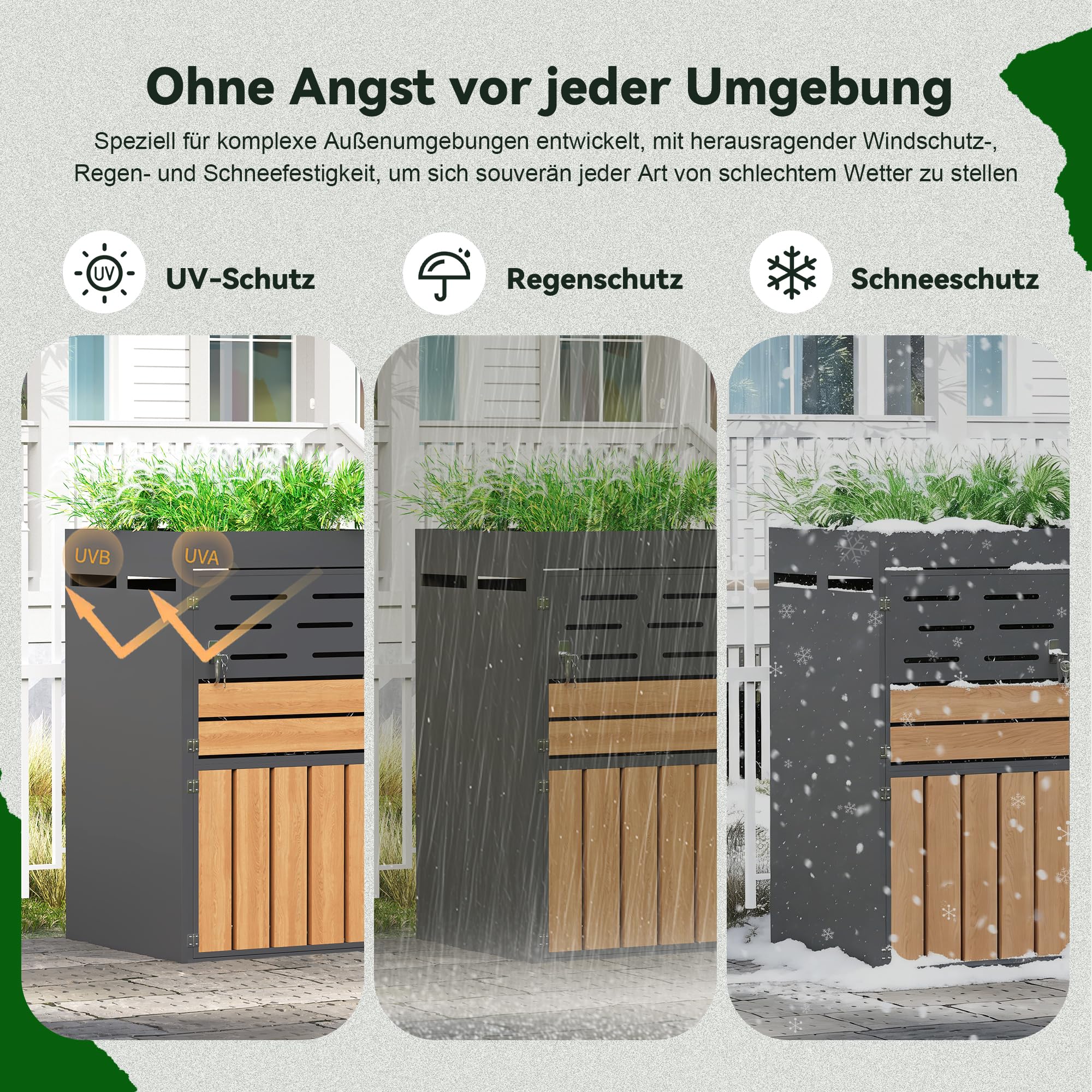REXO Armario exterior multifuncional, jardinera integrada, rejilla de ventilación, marco de acero galvanizado, puertas con cerradura, cadena de seguridad, para almacenamiento y decoración de jardín