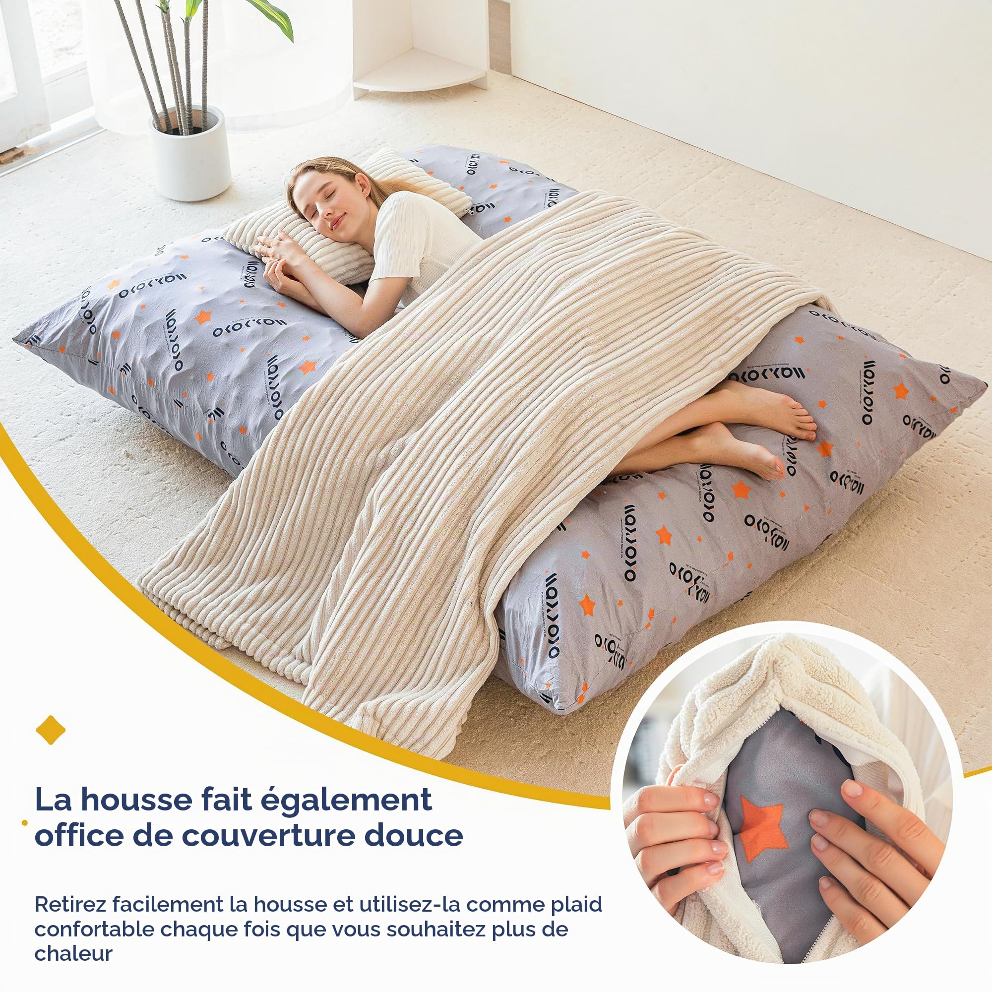 MAXYOYO Géante Pouf Salon, Housse Amovible en Velours Côtelé, Pouf Lit avec Rembourrage en Mousse Moelleuse, Bean Bag pour Adultes et Enfants