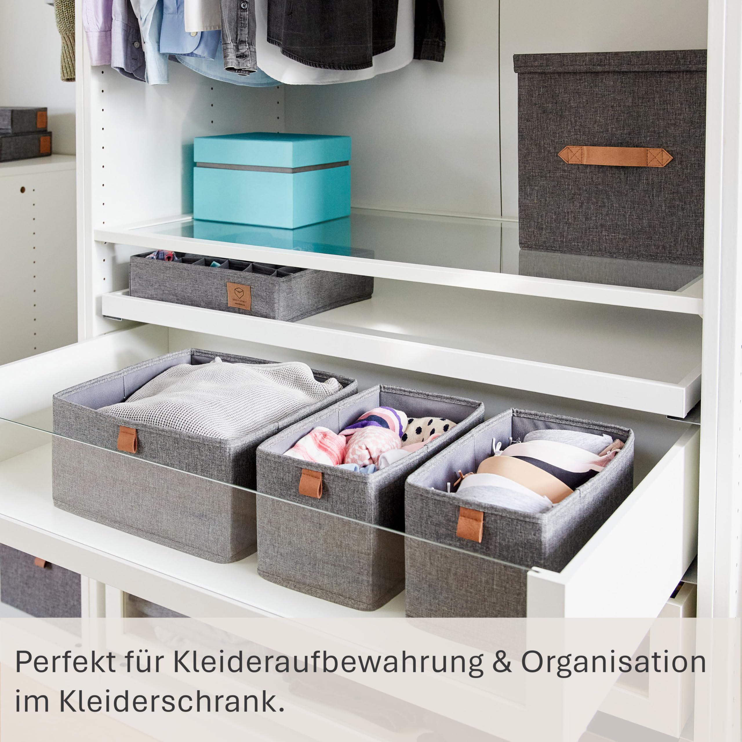 LOVE IT STORE IT - Premium - 3er Set Aufbewahrungsbox Stoff - Schubladen Organizer & Schrank Organizer aus Leinen für Kleiderschrank, Wickelkommode - Grau - 15x30x15 cm & 30x30x15 cm