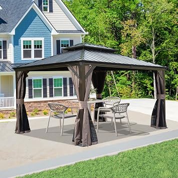 Domi 10 X 13 Hardtop Gazebo, Upgraded Metal Gazebo with Drainage System, Dual-Layer Galvanized Steel Roof, Curtain and Netting, Outdoor Shelter Canopy for Patio, Garden, and Backyard, Brown