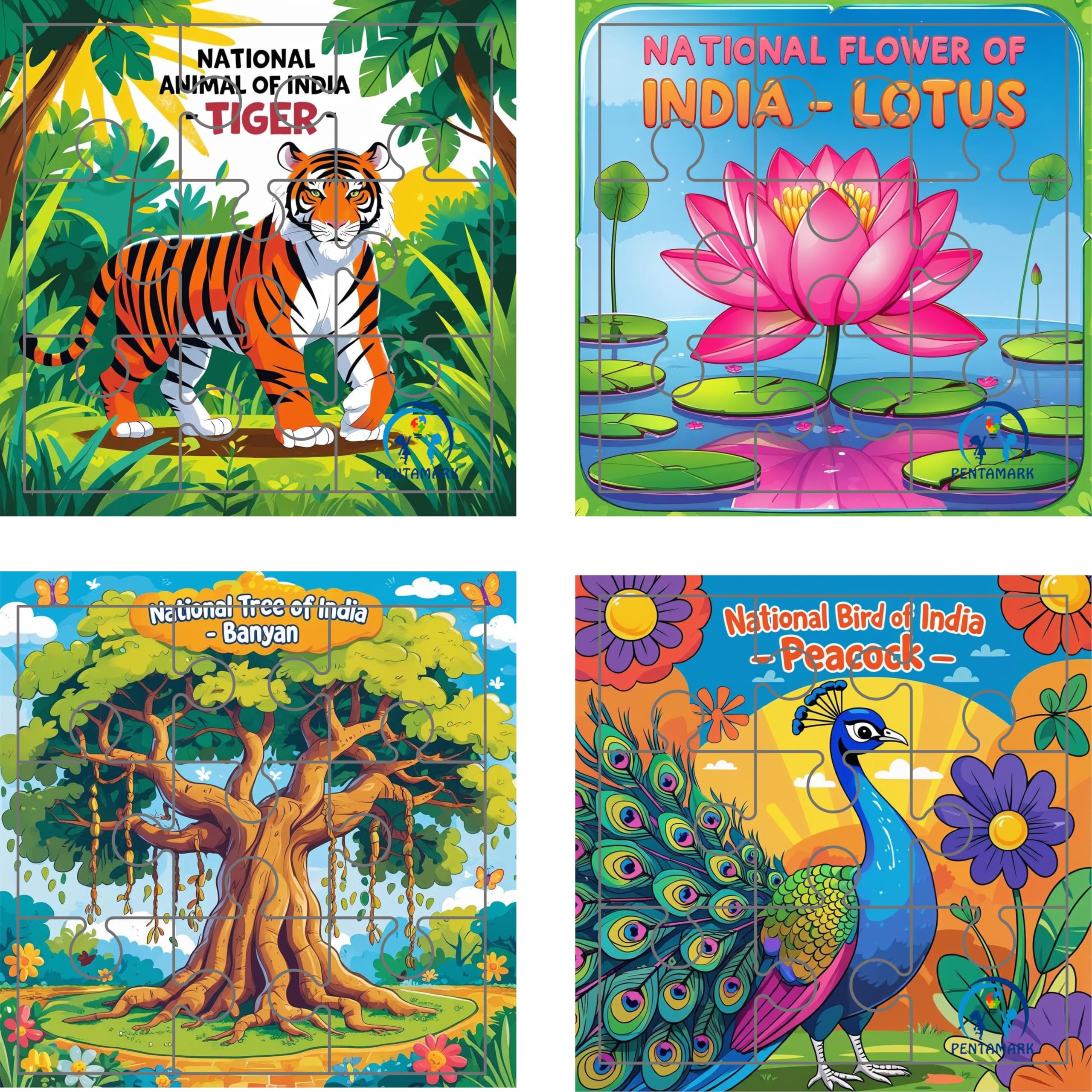 PENTAMARK 4 in 1 Set of National Heritage Symbols Wooden Jigsaw Puzzle Set for Kids, Fun and Colorful Learning, Educational, Brain Booster Games for Focus and Memory - 36 Pieces, Age 3-7 Years-image-41