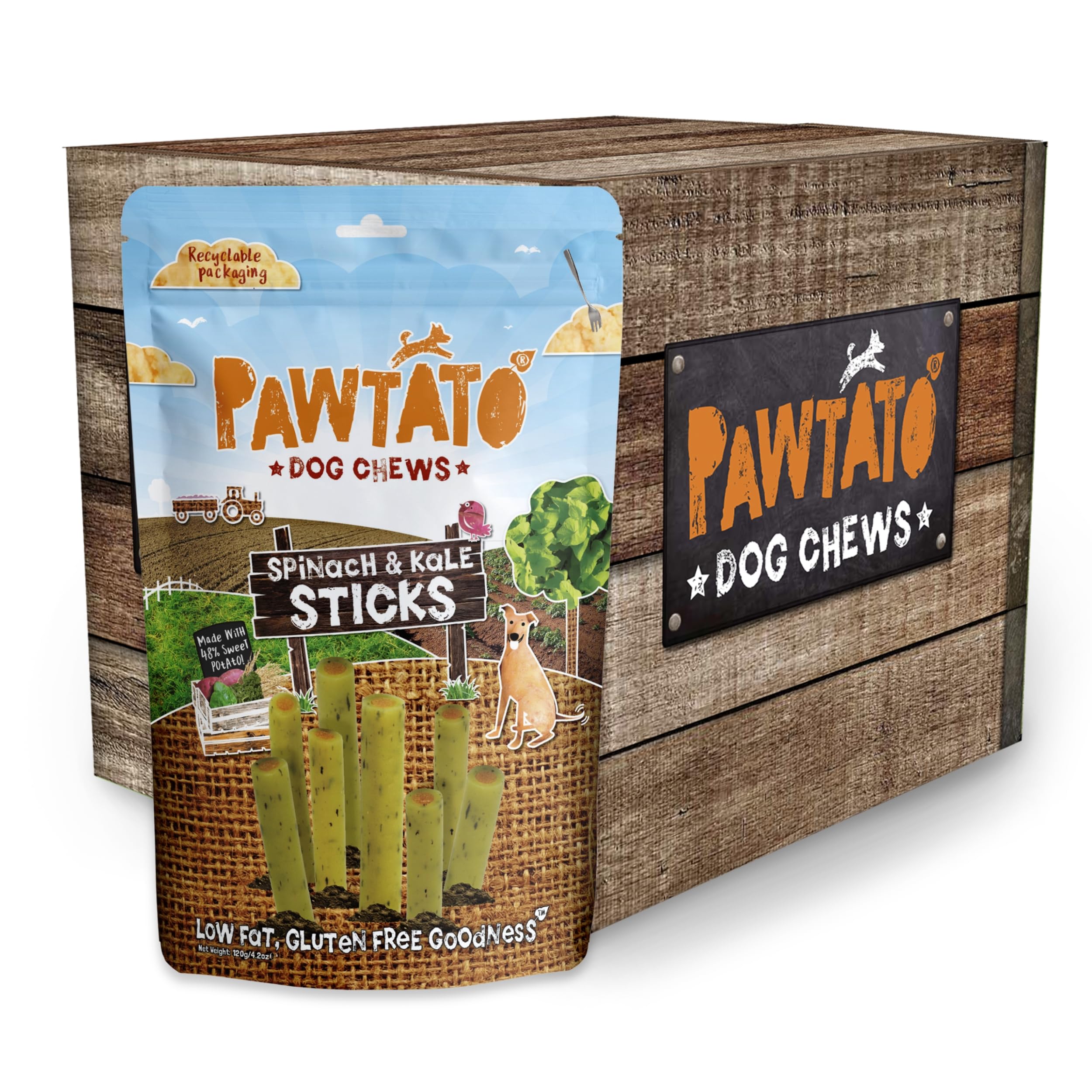 Pawtato Vegan Dog Sticks - Spinach & Kale (6 x 120g) - Hypoallergenic Low Fat, Plant-Based Chews for Training & Reward