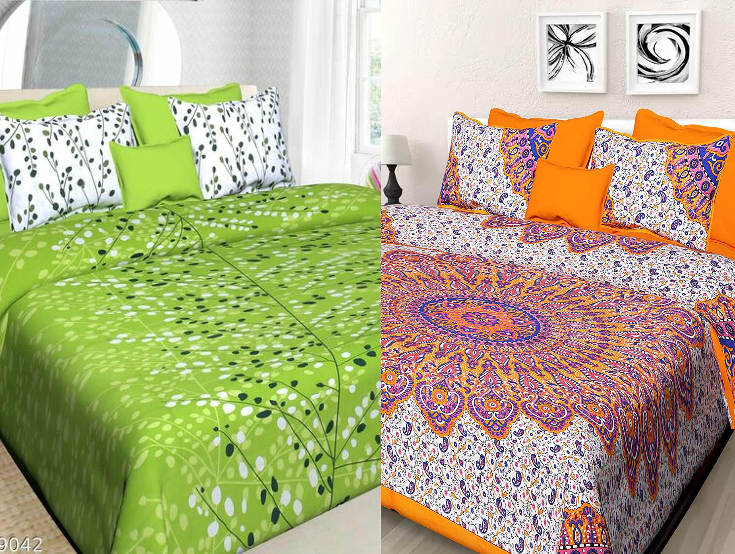 E-WISH BOX-Pure Cotton Rajasthani Jaipuri King Size Queen Bedsheet Set of 2 Double Bedsheets with 4 Pillow Covers 144 TC , (Multicolour) B_F_S_40