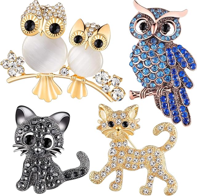 Hicarer 4 Pieces Animal Rhinestone Brooch Pin Set Rhinestone Owl Design Brooch Crystal Cat Brooches Pins for Women Girls Birthday Gift Wedding Party Supply