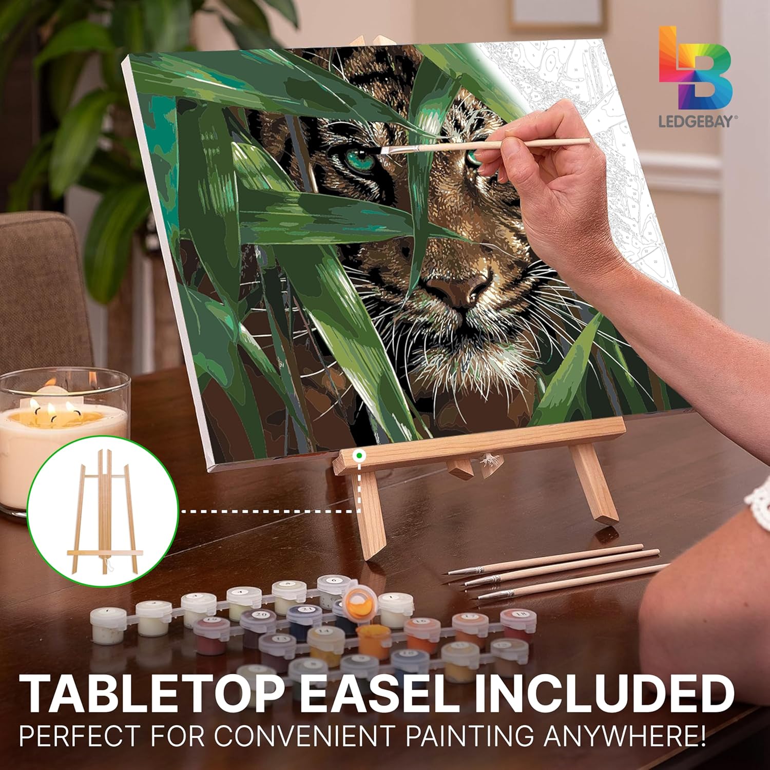 Ledgebay DIY Paint by Numbers Kit for Adults - Framed Canvas Beginner to Advanced Kit Includes Acrylic Paint Set, Brushes, Tabletop Easel (Bamboo Tiger 12" x 16" Framed)