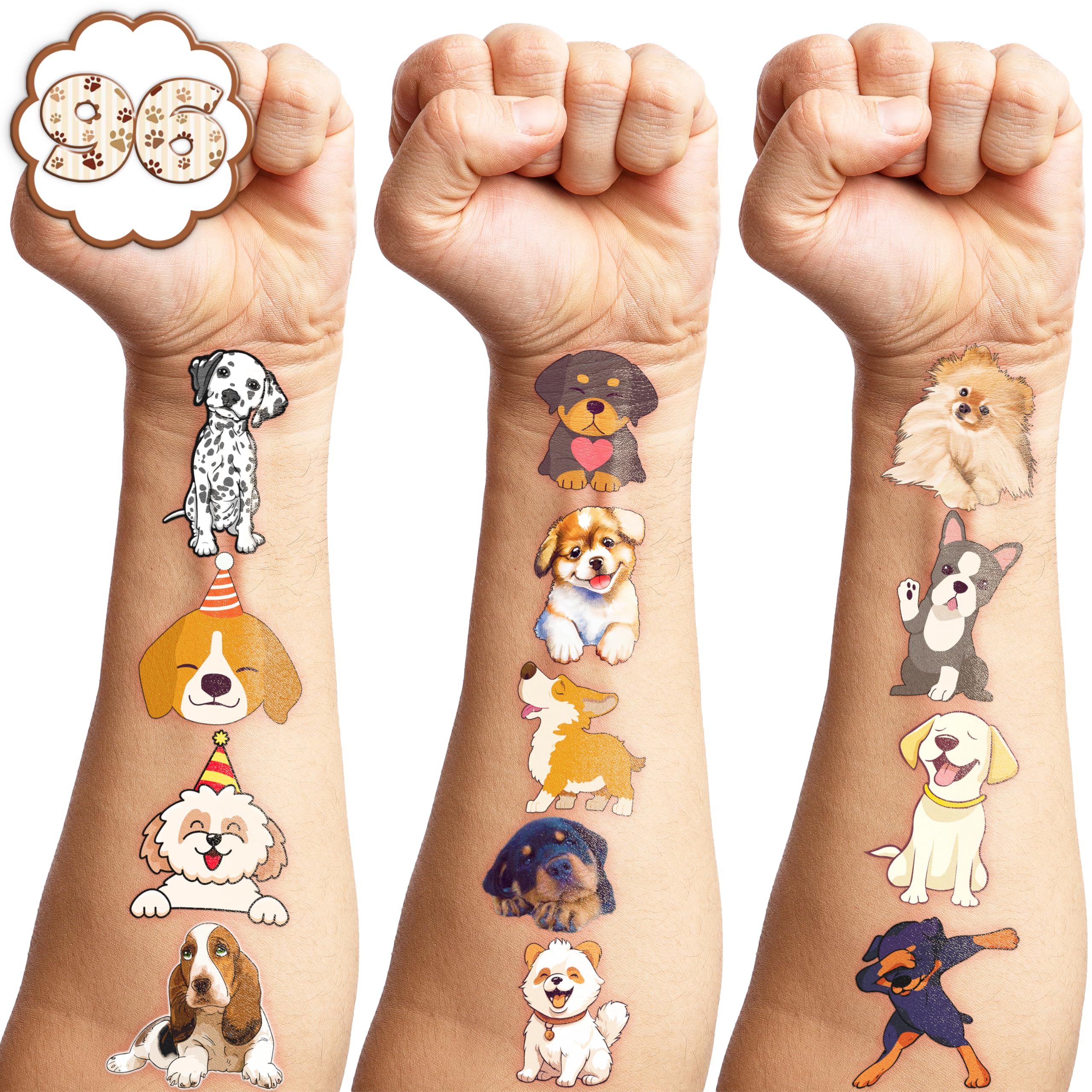 96PCS Cute Puppy Pre-Cut Temporary Tattoos for Kids - Cute Dog-Themed Party Favors & Gifts, Perfect for Birthday Parties, Classroom Rewards, and