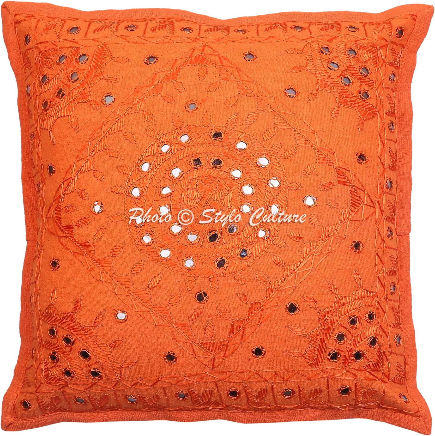 Stylo Culture Ethnic Throw Pillows Covers Orange Embroidered Living Room Couch Cushion Cover Cotton Square Traditional Mirrored 60x60 cm Cushion Covers (1 Pc)