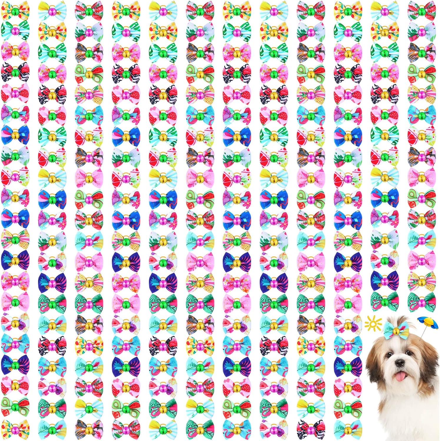 Sadnyy 240 Pcs Summer Spring Dog Hair Bows with Rubber Bands Rhinestone Grooming Dog Puppy Bows for Girls Boys Dogs Cute Ear Bows Dog Hair Accessories for Summer Holiday Pets Cats Dogs