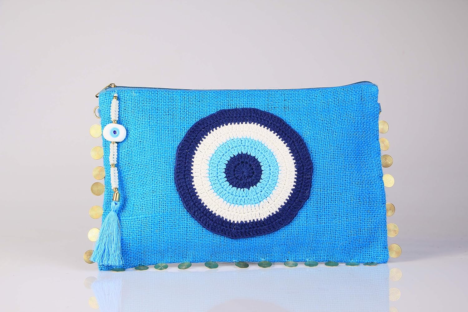 Karens Ege Evil Eye Jute/Burlap Clutch Bag Beach bag Zipper Gift with Crystals and Tassels