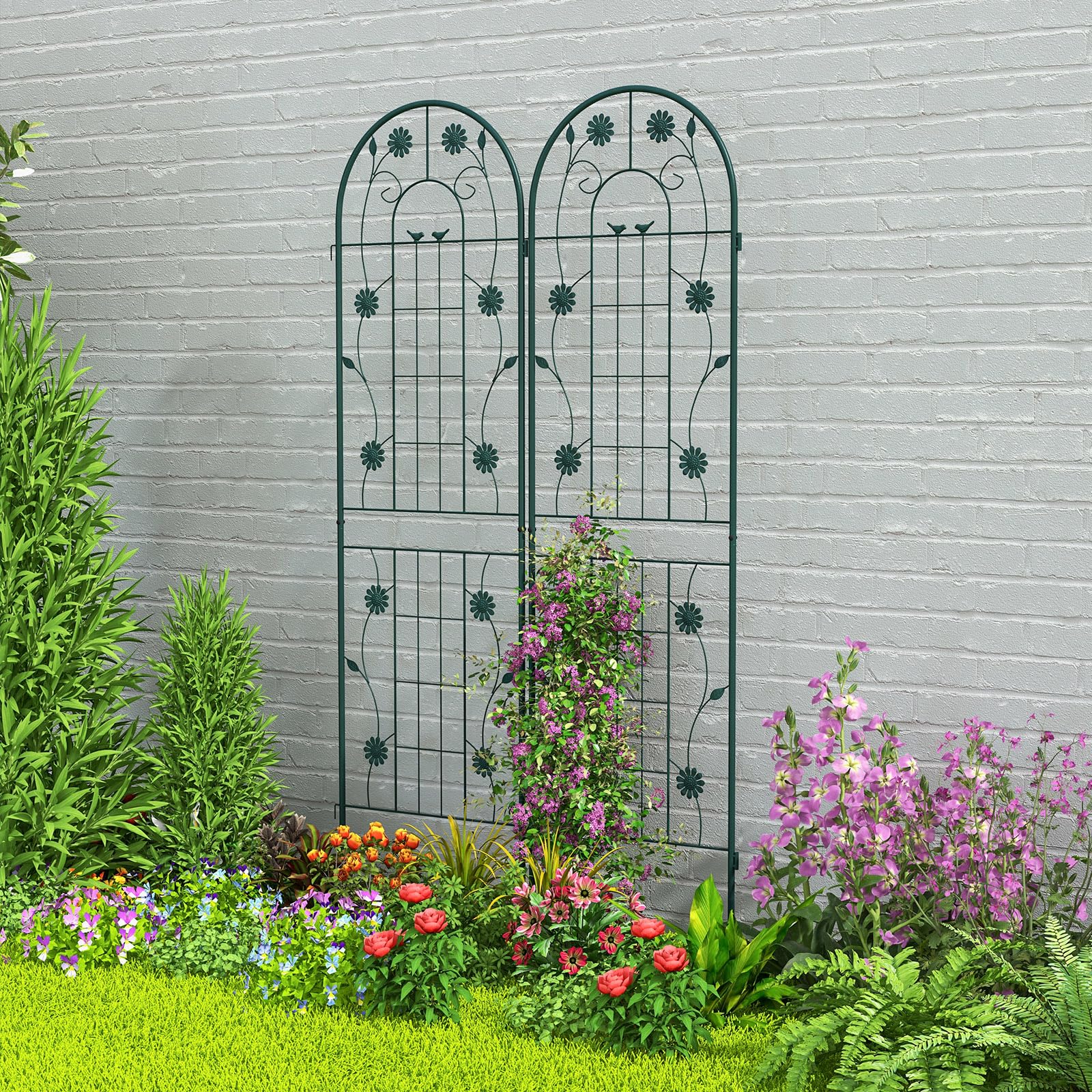 HOMASIS Rankgitter Metall, Spalier für Kletterpflanzen, Rankhilfe zum Stecken, dekorative Gartenspalier Gartenzaun Rankspalier für Rosen Blumen Tomaten (Grün,220x50cm,2)