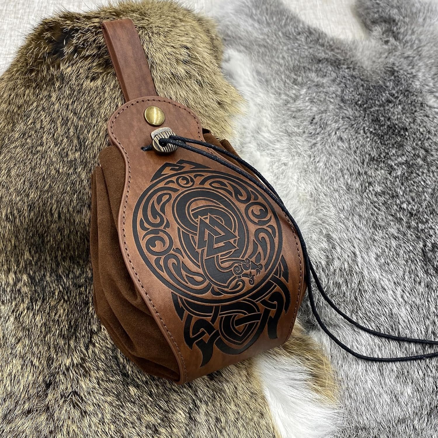 3PCs Medieval Embossed Belt Pouch Set, Viking Buckle Belt Portable Side Bag, Faux Leather Cosplay Accessories (Brown A) - Image 4