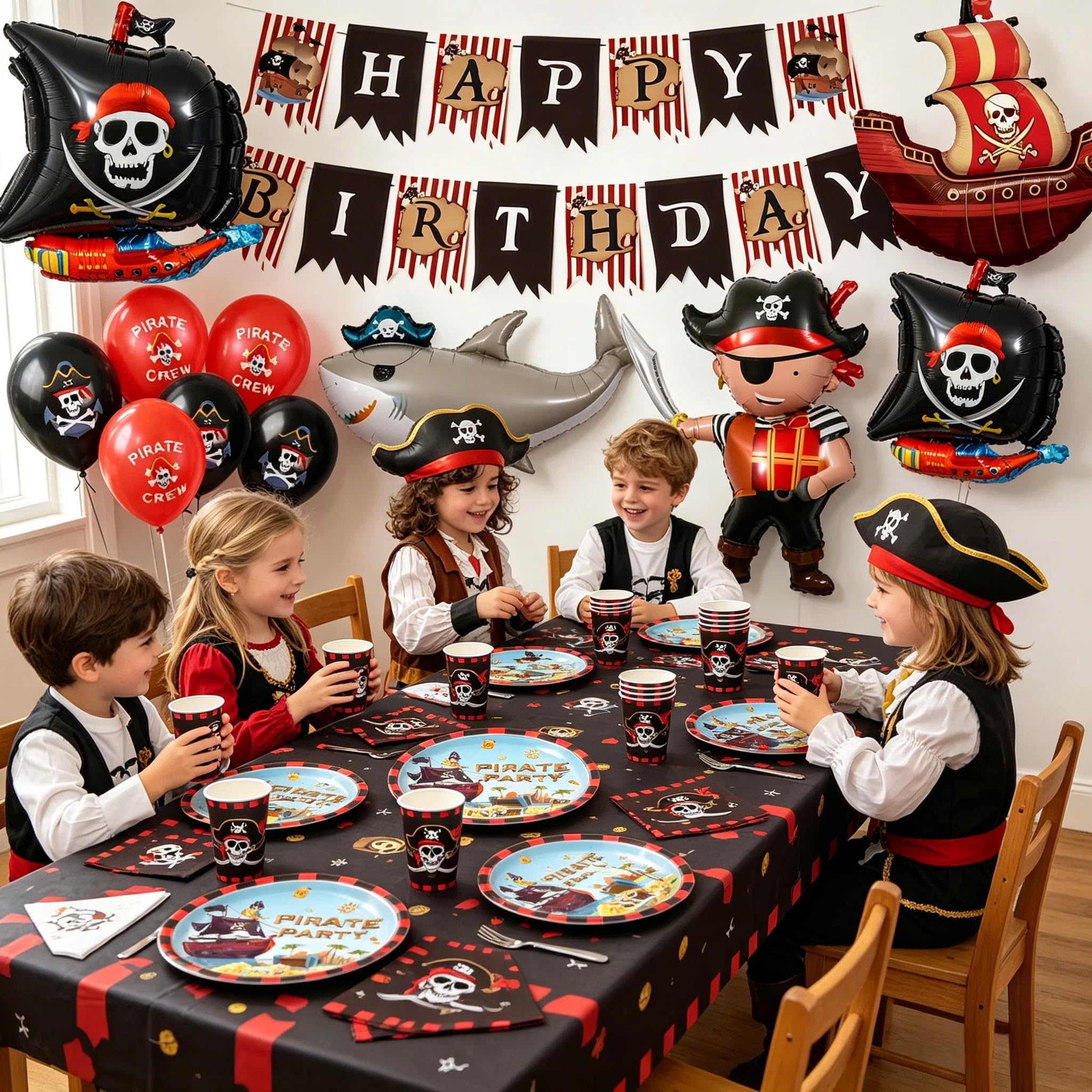 Set de décoration pour anniversaire pirate, 80 pièces - Vaisselle de fête pirate avec grand ballon en feuille pirate, kit d'accessoires de fête, décoration de fête pirate, assiettes en carton pirate