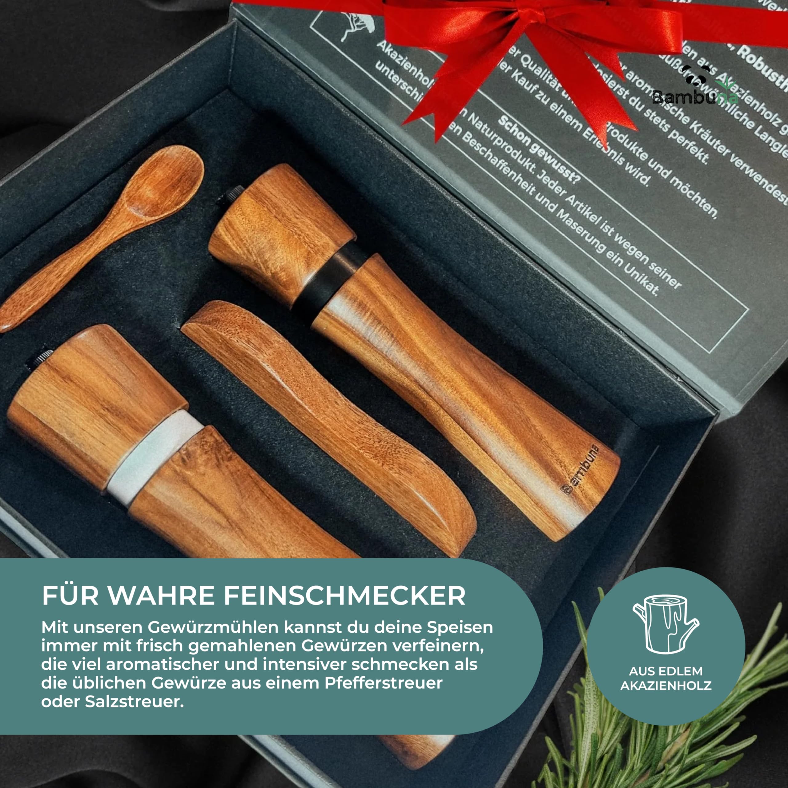 Bambuna Acacia Wood Salt and Pepper Mill Set, 5-Piece Spice Mill Set including Adjustable Ceramic Grinder - Image 2