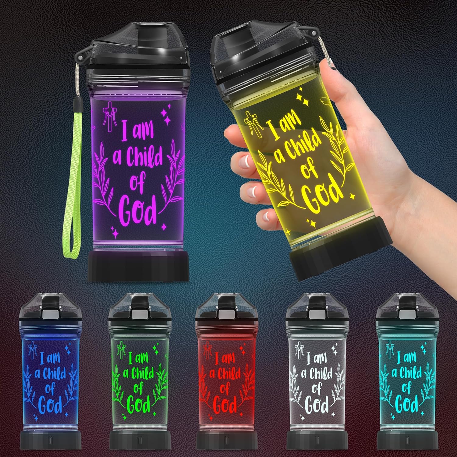 CoolGift Mart Light-Up Water Bottle with 'I am a Child of God' Design - 14oz Drink Cup, BPA-Free - Ideal Baptism Gift for Christians, Women, Girls, Boys, and Kids