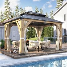 COVERONICS 10FT x 12FT Outdoor Wooden Gazebo with Netting & Curtains, Beige | Galvanized Steel Hardtop Gazebo with Heavy-Duty Double Roof, Patio Wood Gazebo for Garden, Poolside, Deck, Backyard