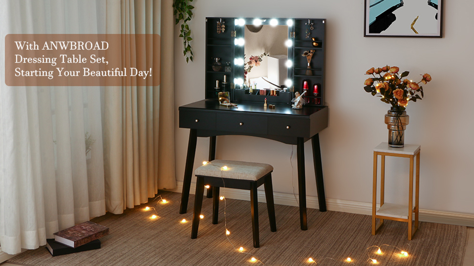 Tavolo Toeletta ANWBROAD Con Luci LED - 10 Lampadine, 3 Cassetti, Specchio Illuminato E Sgabello, Nero - Foto 8