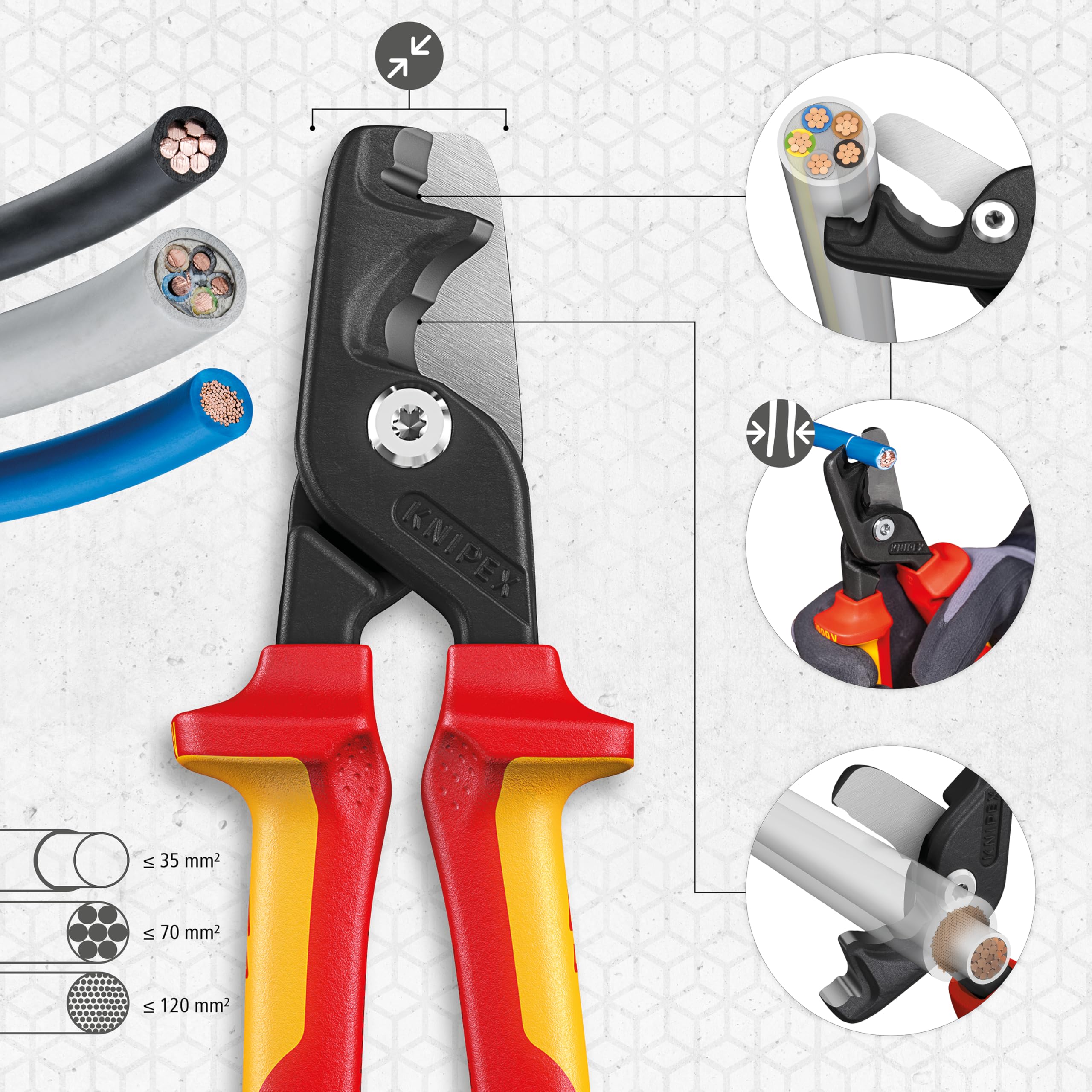 Knipex StepCut XL Coupe-câbles avec coupe par étapes poignée isolante bi-matière, certifiée VDE 225 mm, 95 18 225