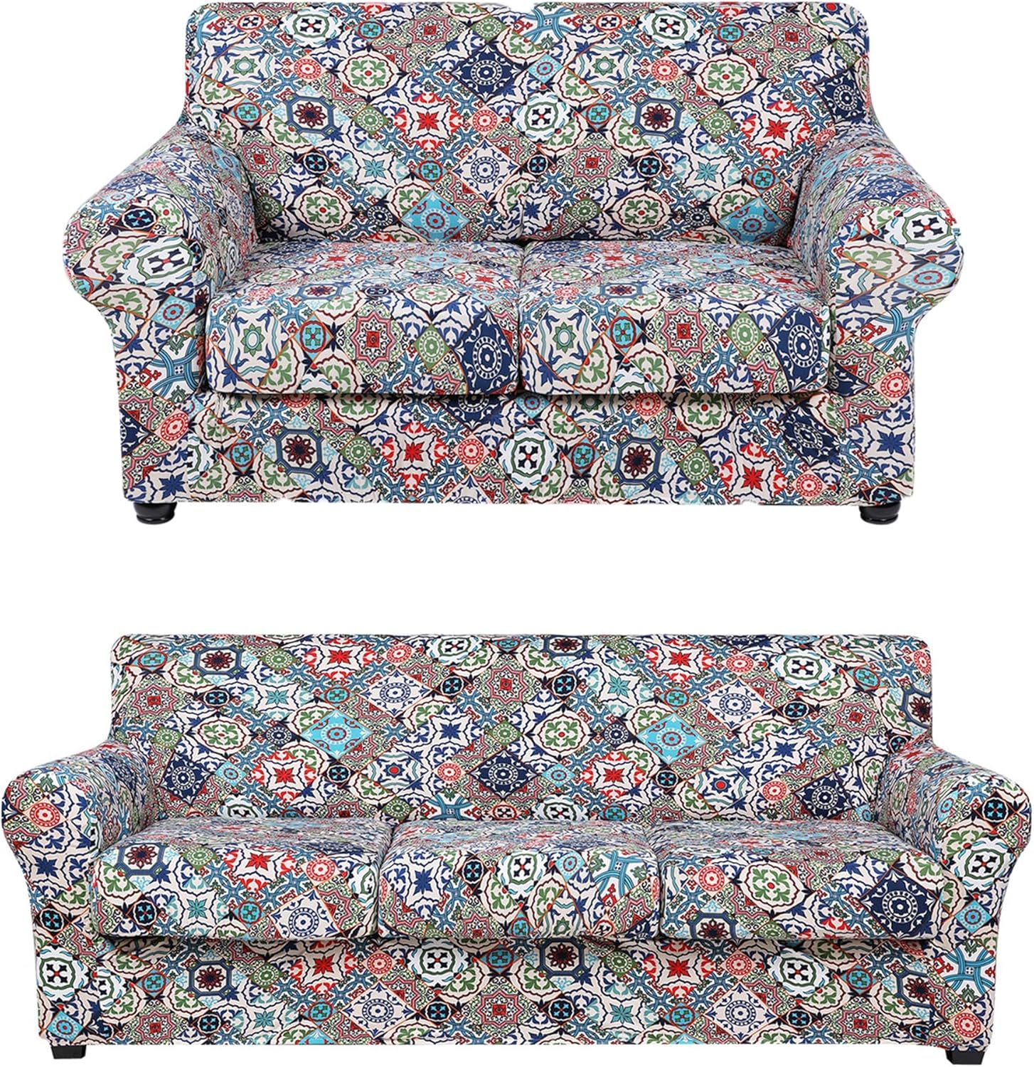 hyha Printed Stretch Sofa Covers for 3 Cushion Couch (72"-96",Diamond Mandala) Bundle Loveseat Sofa Covers for 2 Cushion Couch (58"-72", Diamond Mandala)