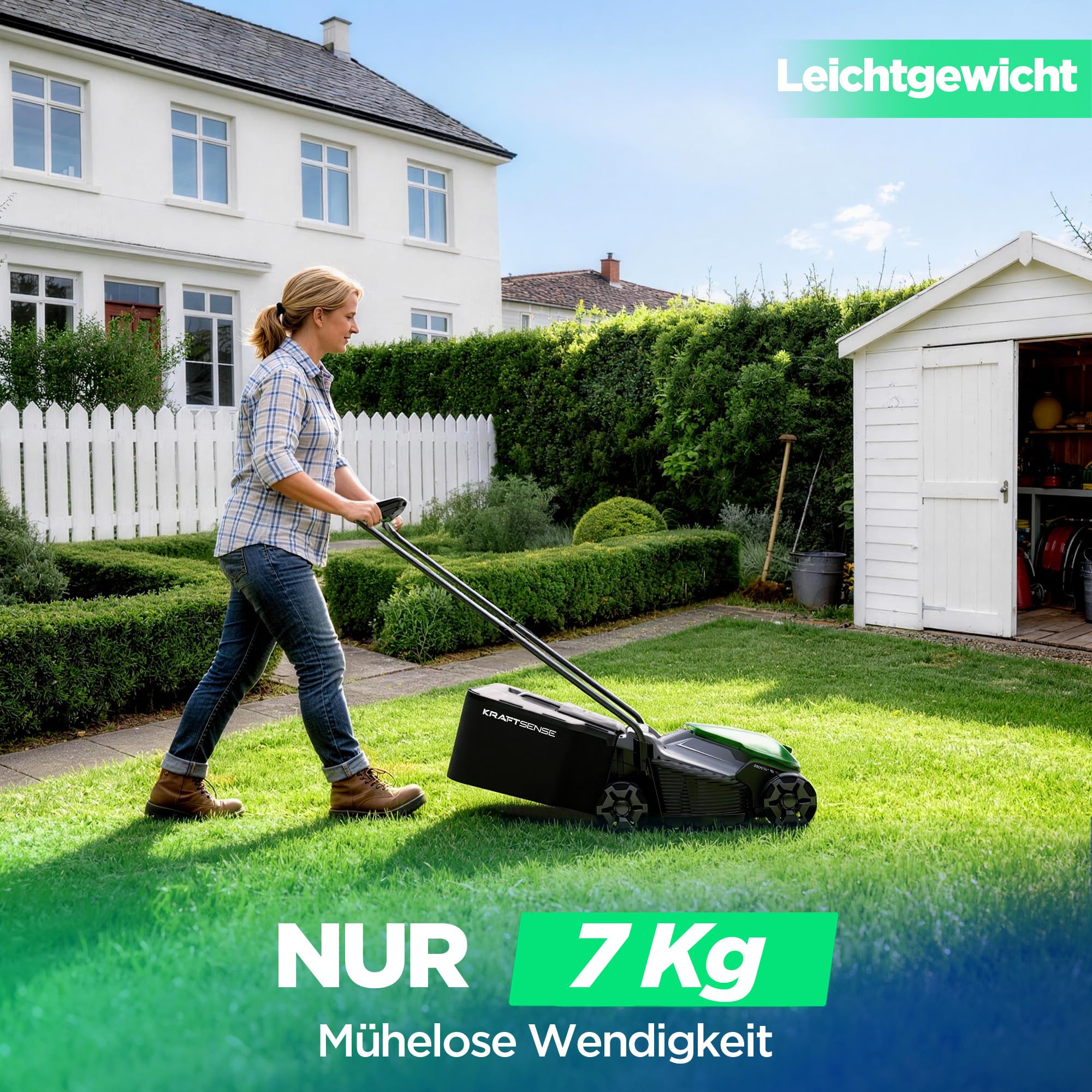 Akku-Rasenmäher für kleine Gärten, 33 cm Arbeitsbreite, bürstenloser Antrieb, 2-in-1 Mulchen & Fangen, mit 5,0 Ah Akkus für bis zu 300 m² pro Ladung, inkl. Typ-C-Ladekabel