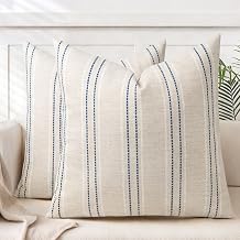 AELS 26x26 Decorative Farmhouse Linen Blend Throw Pillow Covers, Boho Textured Pillow Case, Set of 2, Beige with White & Navy Blue Stitch Yarn Dyed Stripe Cushion Cover for Living Room Cover ONLY