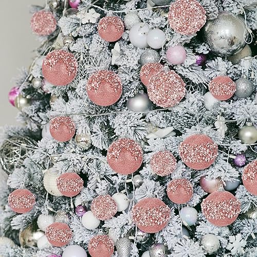 Miniatura 6 de Poen Juego de 24 adornos de bolas de Navidad con brillantina para colgar en el árbol de Navidad, bolas de Navidad de espuma con lentejuelas, Oro rosa