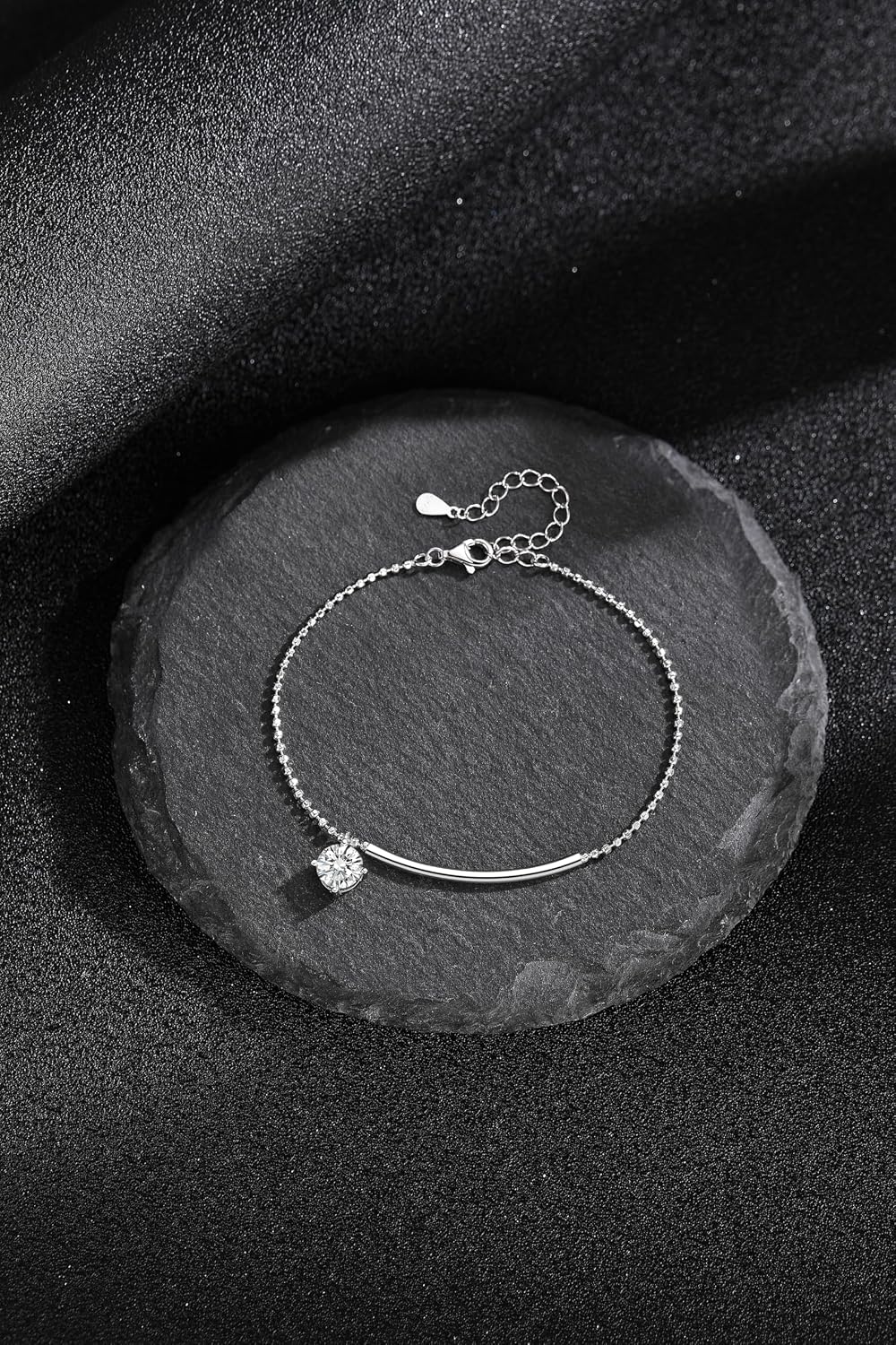 ÀIMBRACE Moissanite Bracelets for Women: Moissanite Link Charm Bracelet, 925 Sterling Silver, 18K White Gold Plated, Rhodium Finish, Adjustable, Curved Tube Station, Fine Jewelry Gift Ideas for Women