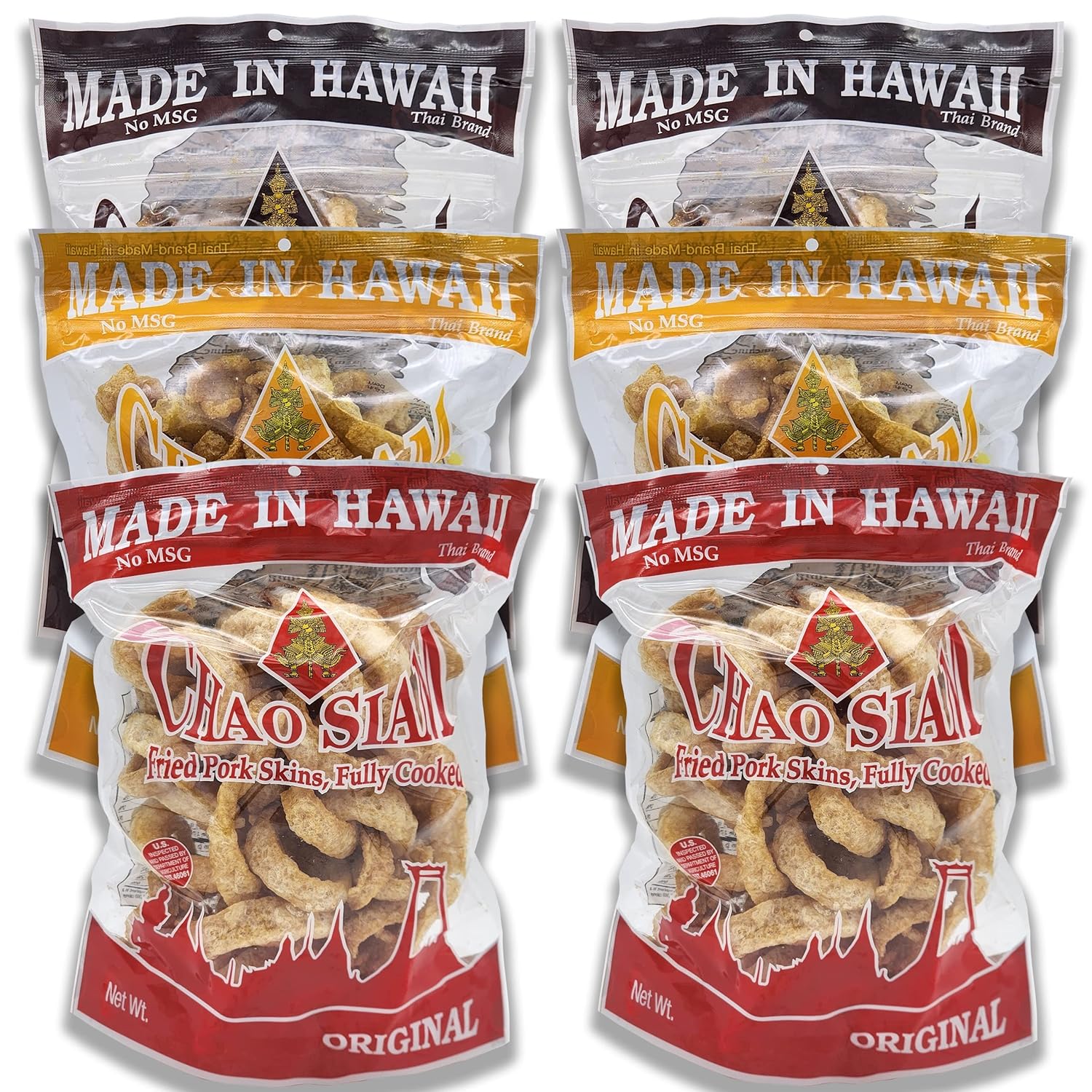Chao Siam Premium Pork Rinds - Variety Pack, All Popular Flavors, Real Thai Taste, NO MSG, Keto Friendly Snacks, Made in Hawaii, Variety Pack(2x3) 6Bags