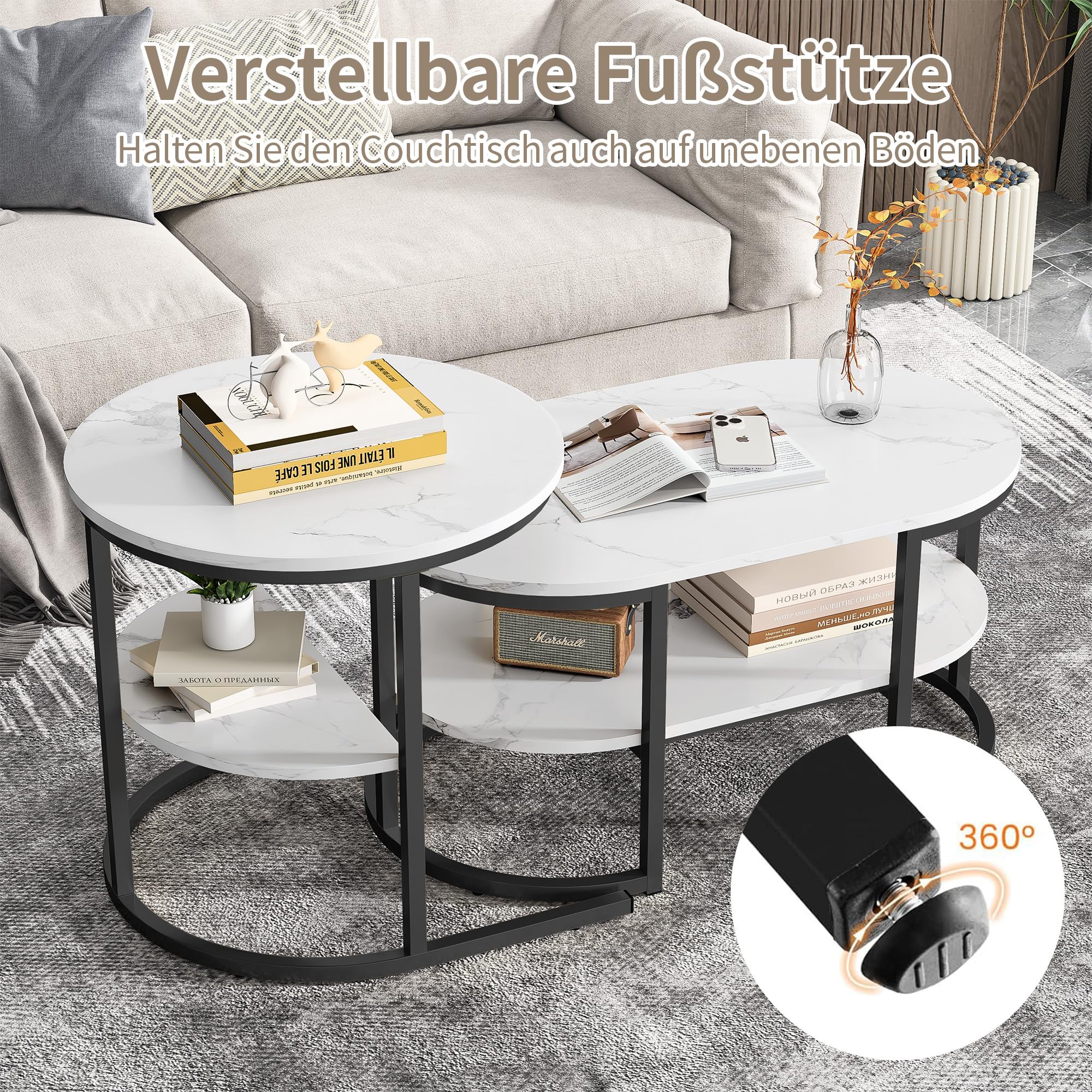 Couchtisch 2er Set,2 in 1 Wohnzimmertisch mit stauraum,Moderne Sofatisch Couchtisch Rund und Oval in Marmor Optik,Metallrahmen satztische fürs Wohnzimmer,Beistelltisch Set
