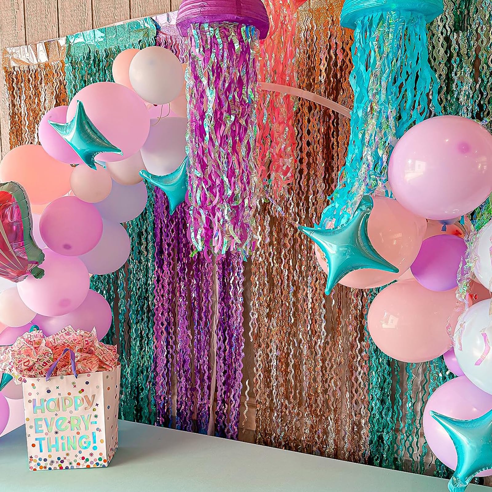 G2PLUS 2 Rideau Franges Vagues Bleu: Rideau Décoratif Métallique Effet ondulé pour Anniversaire Fille, Fête Sirène, Princesse des Glaces, Fond Photo Magique